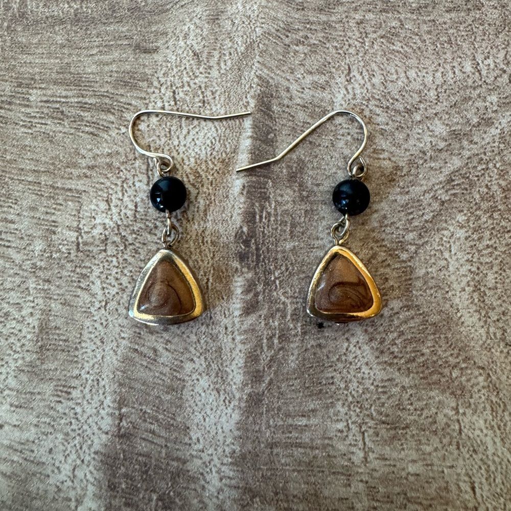 Dainty Dangle Drop Triangle Earrings Black & Gold Tones Enameled Neutral Tone
